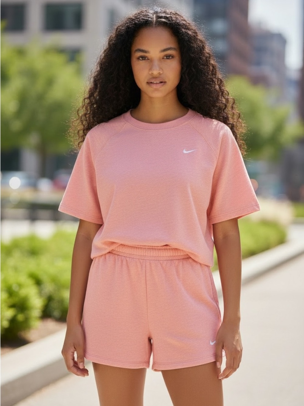 Nike Peach Short-Sleeve Crew Sweatshirt Top with Shorts